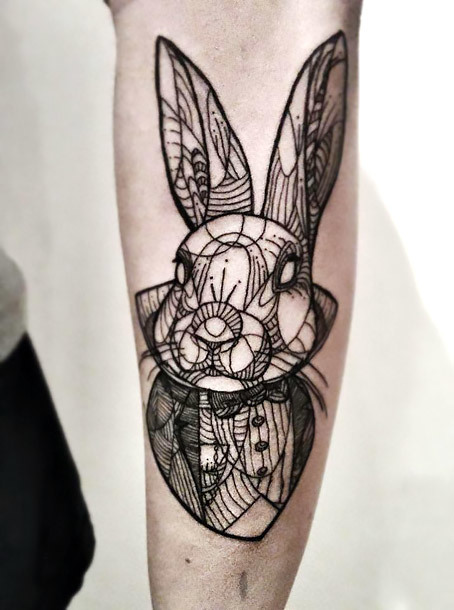 Fine Line Rabbit on Forearm Tattoo Idea