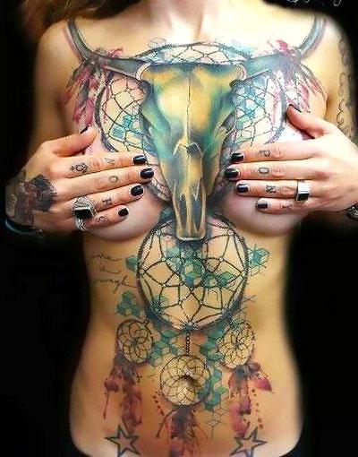 Amazing Bull Skull and Dream Catchers Tattoo Idea