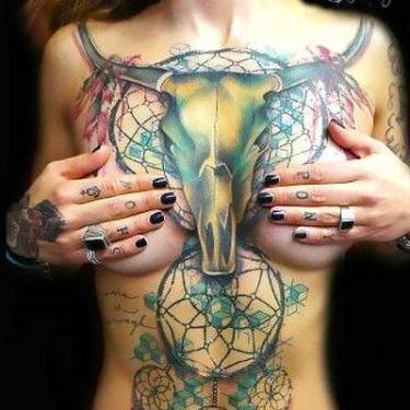 Amazing Bull Skull and Dream Catchers Tattoo