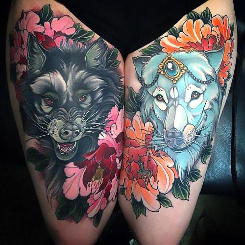 Amazing Colorful Wolf And Flowers Tattoo Idea