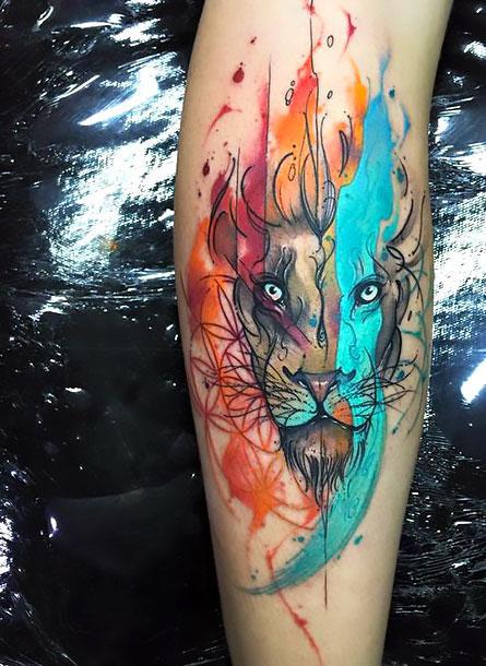 Amazing Colorful Lion Head Tattoo Idea