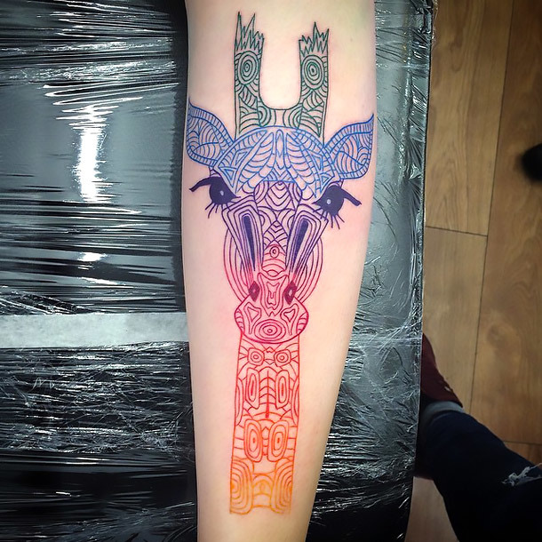 Colorful Ornate Giraffe Tattoo Idea