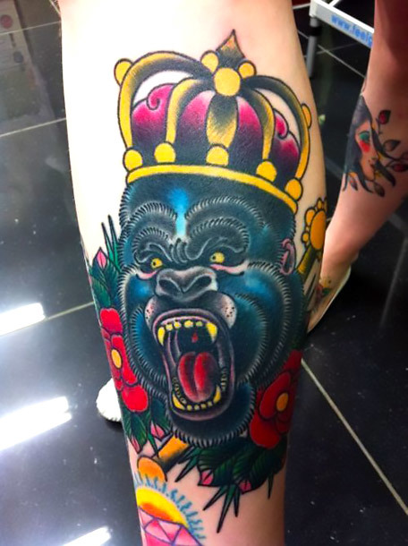Old School Gorilla In Crown Tattoo Idea