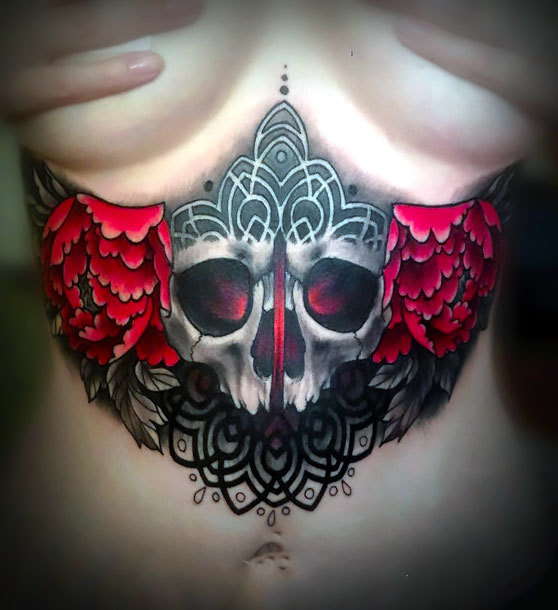 Skull Under Breast Tattoo Idea
