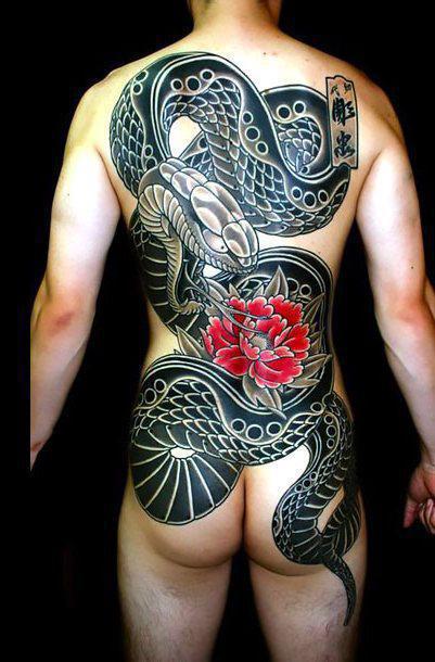Amazing Japanese Snake on Back Tattoo Idea
