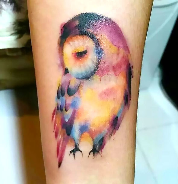 Shy Watercolor Owl Tattoo Idea