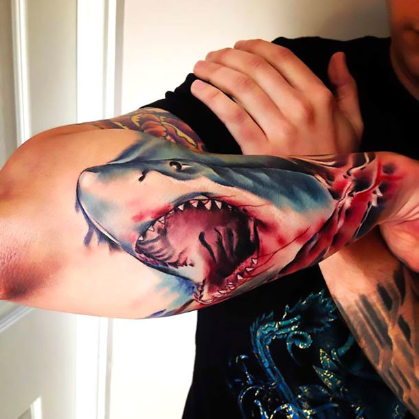 Shark on Outer Forearm Tattoo Idea