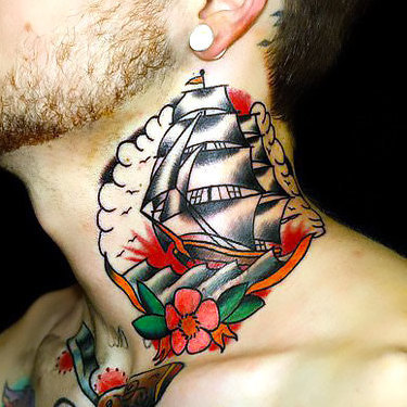 Side of Neck Ship Tattoo