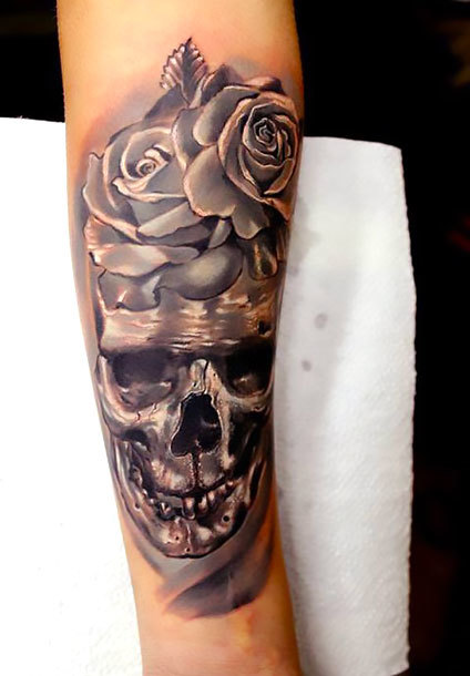 Skull and Rose on Forearm Tattoo Idea