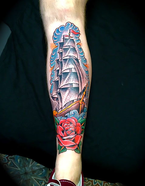 Ship on Shin Tattoo Idea