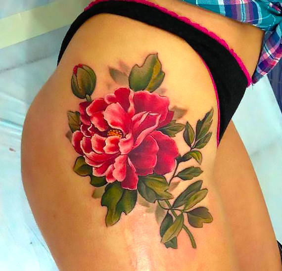 Peony Flower on Hip for Women Tattoo Idea