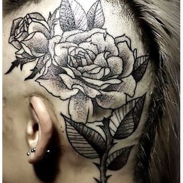 Dotwork Rose Flowers on Head Tattoo