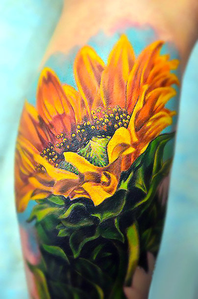 3D Realistic Yellow Sunflower Tattoo Idea