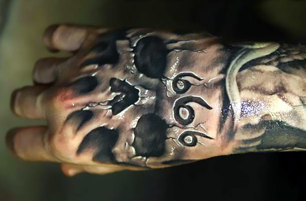 Amazing 3D 666 Skull Tattoo on Hand Tattoo Idea
