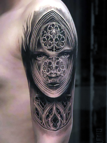 Amazing Catherdral Girl Face Tattoo Idea