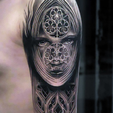 Amazing Catherdral Girl Face Tattoo