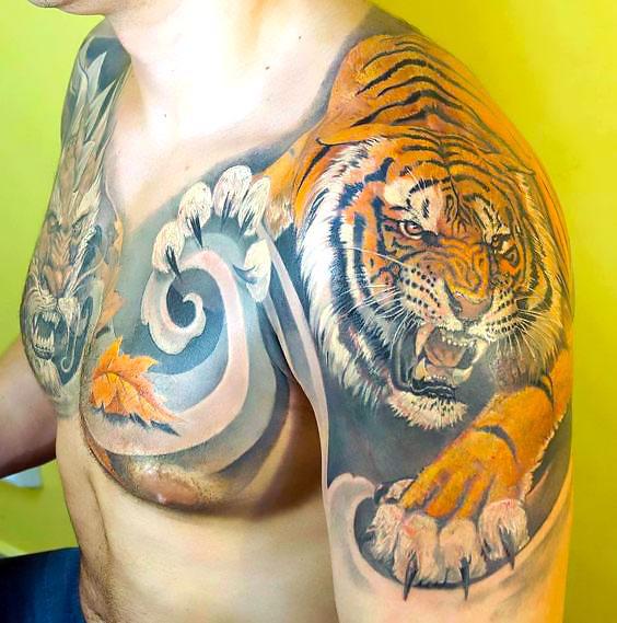 Amazing Tiger on Chest and Shoulder Tattoo Idea