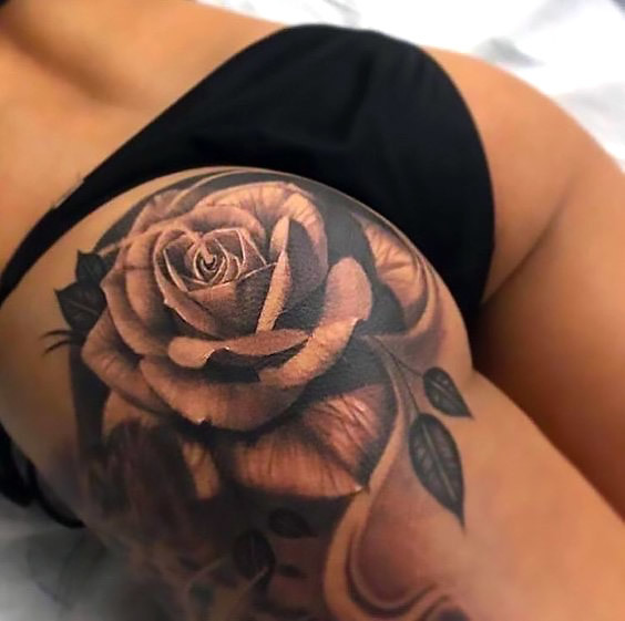 Sexy Black and Gray Rose Tattoo on Butt Tattoo Idea