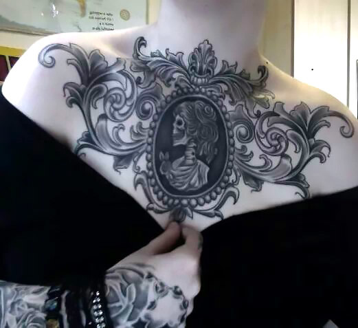 Gothic Skeleton Portrait Tattoo on Chest Tattoo Idea