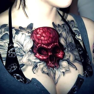 Gothic Skull With Flowers Collar Bone Tattoo