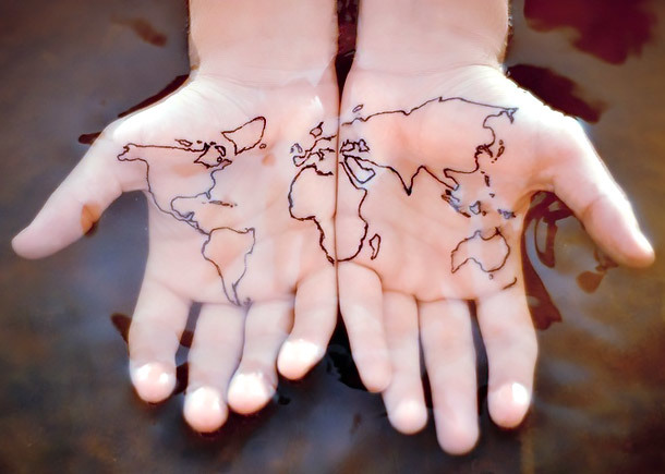 Matching World Map Tattoo on Palms Tattoo Idea