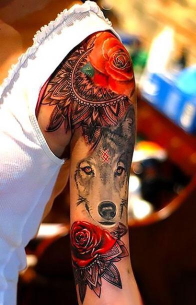 Amazing Wolf And Rose on Shoulder Tattoo Idea