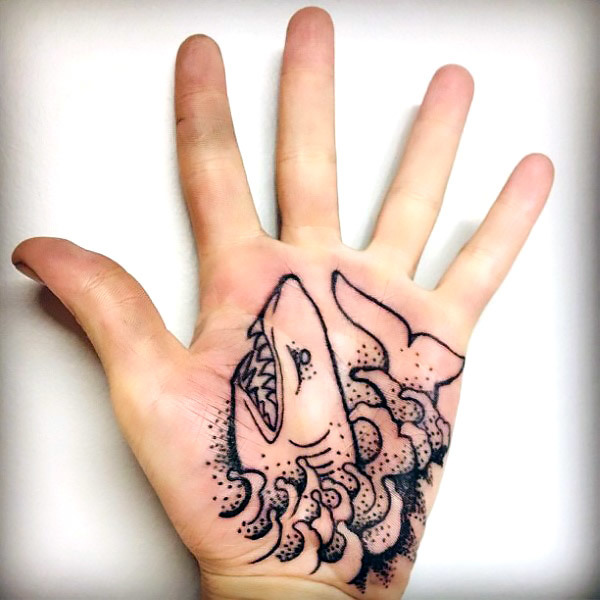 Shark on Palm Tattoo Idea