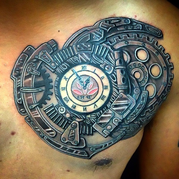 Steampunk Clock Tattoo on Chest Tattoo Idea