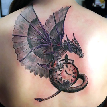 Steampunk Dragon Tattoo on Back Tattoo