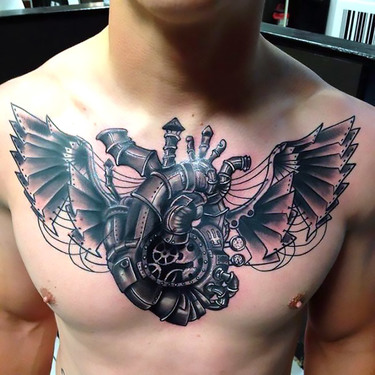 Make a chest tattoo of a heart with wings that is strung up by chains   ImagesAI Diffusion