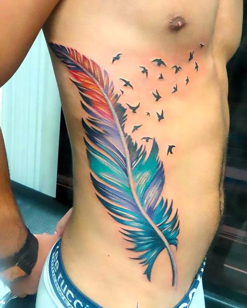 Beautiful Feather with Birds Tattoo Idea