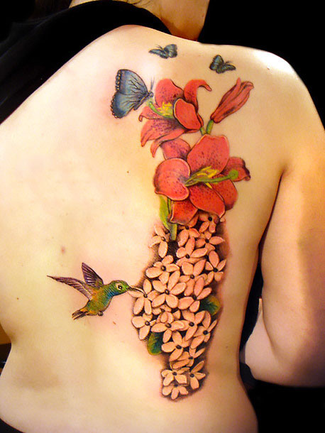 Butterfly and Flowers And Calibri Tattoo Idea