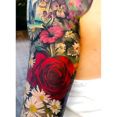 Colorful Sleeve Butterfly and Flowers Tattoo