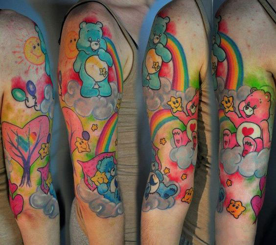 Colorful Sleeve Cute Care Bears Tattoo Idea