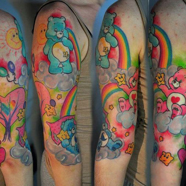 Colorful Sleeve Cute Care Bears Tattoo
