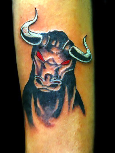Raging Bull Head With Red Eyes Tattoo Idea