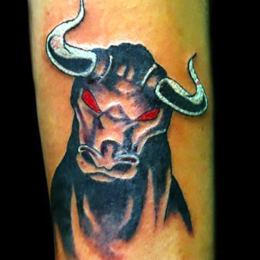 Raging Bull Head With Red Eyes Tattoo
