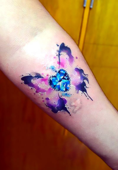 Girly Watercolor Butterfly with Diamond Tattoo Idea