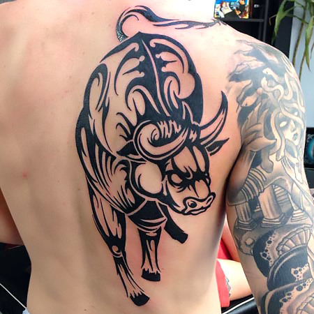 Tribal Bull on Back Tattoo Idea