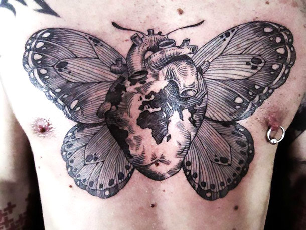 Black and White Butterfly Heart Tattoo Idea
