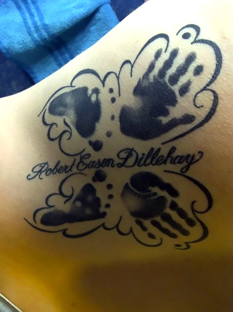 Black Butterfly with baby hand/footprints Tattoo Idea