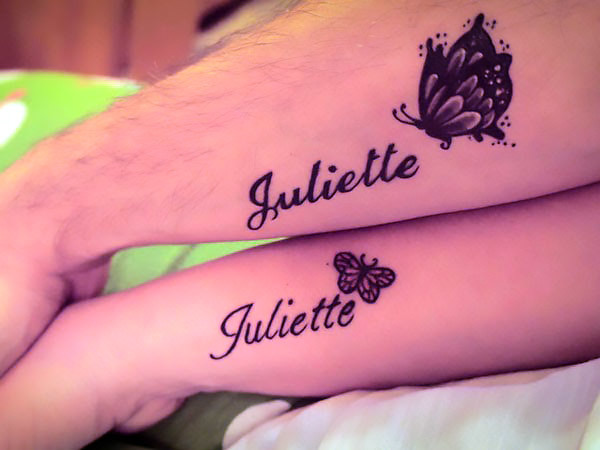 Butterflies Couple Tattoo With Name on Arms Tattoo Idea