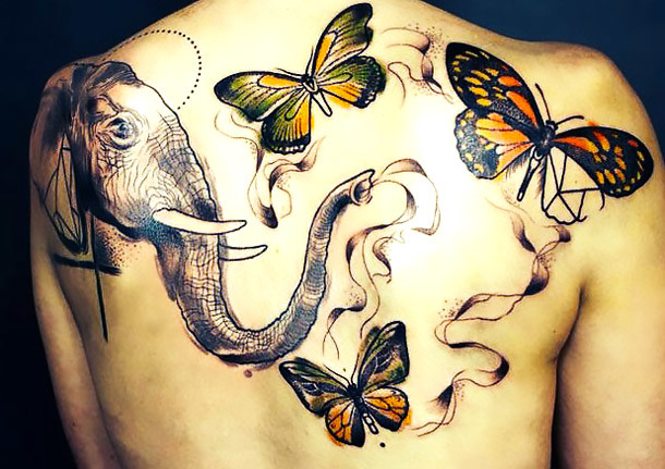 Cool Elephant and Butterflies Tattoo Idea