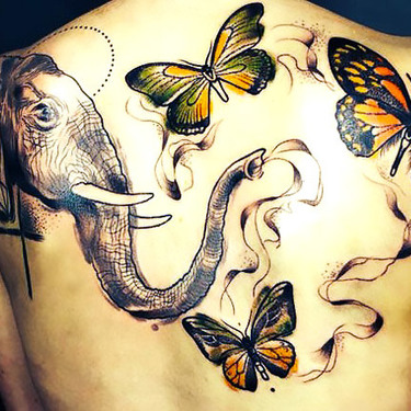 Cool Elephant and Butterflies Tattoo