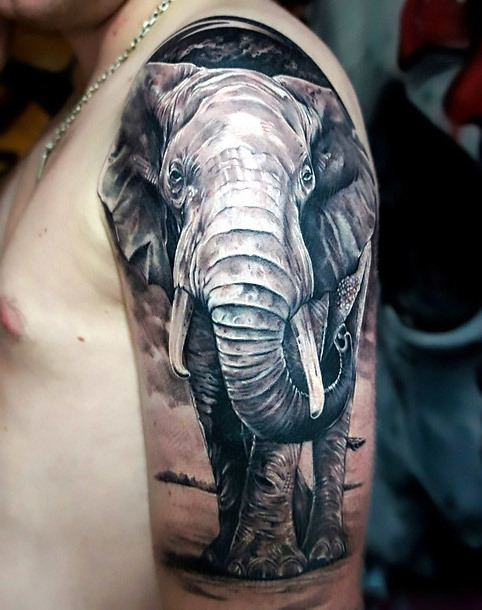 Cool Gray Elephant Sleeve Tattoo Idea