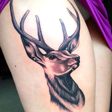 Deer Head on Thigh Tattoo