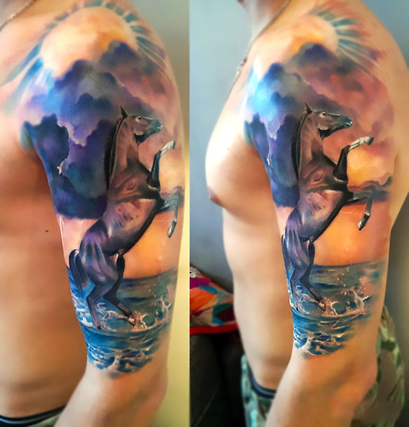 Horse and Sea Sleeve Tattoo Idea
