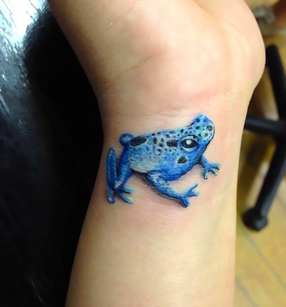 Small Blue Frog on Wrist Tattoo Idea