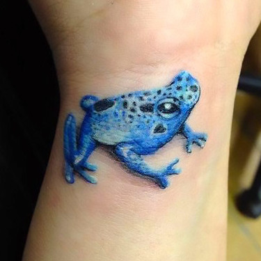 Small Blue Frog on Wrist Tattoo