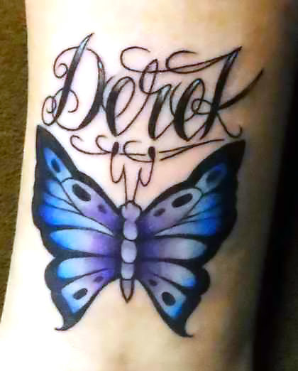 Purple Butterfly With Name Tattoo Idea
